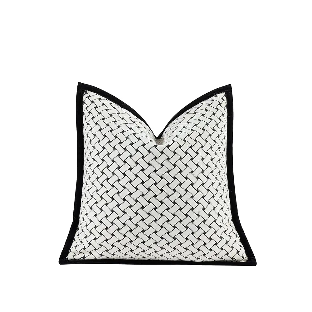 

New 18X18'' Hes Throw Pillow Cushion Covers - Woven Grid Bla Chenille Jacquard Embroidery With Edge St Luxury Modern Style