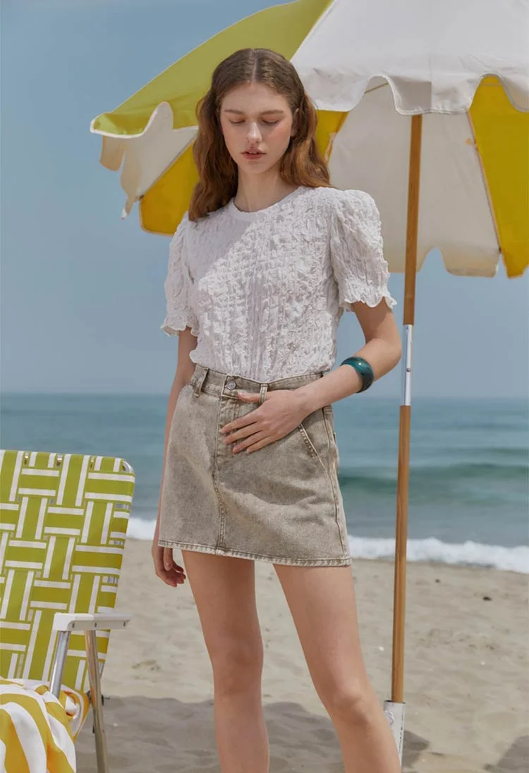 

Slimming Elastic ort Sve round Ne irt Commute Versatile Small irt Korean Sle Zipper ket Pleated Hem Bubble Sl...