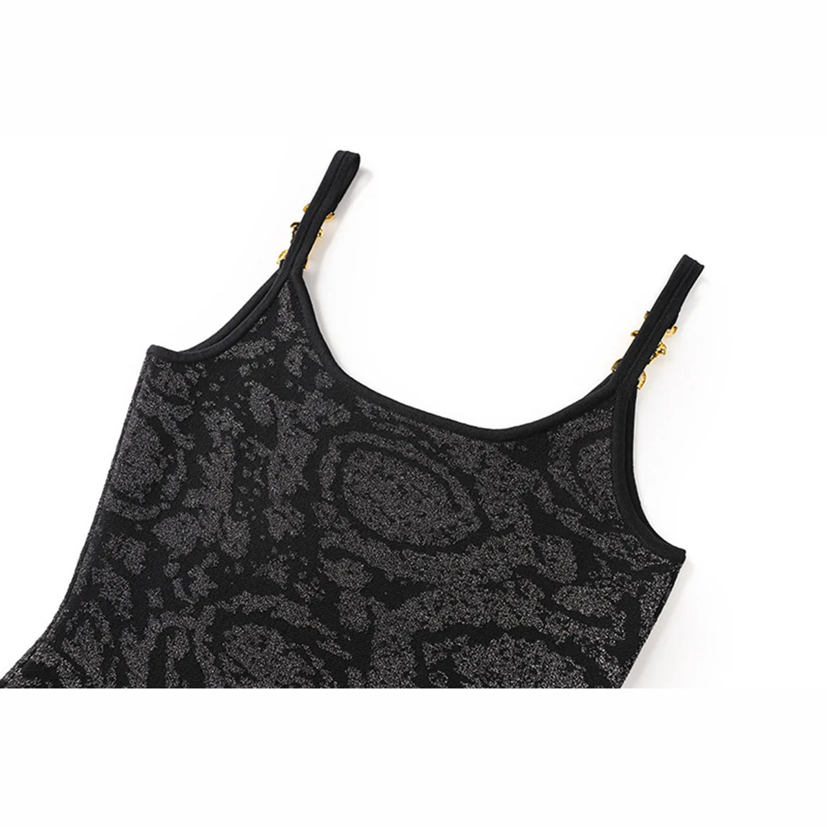 Black Sequin Camisole Dress Metal Buckle Slim Fit Waist Cinching Sexy Spicy Girl Jacquard Dress