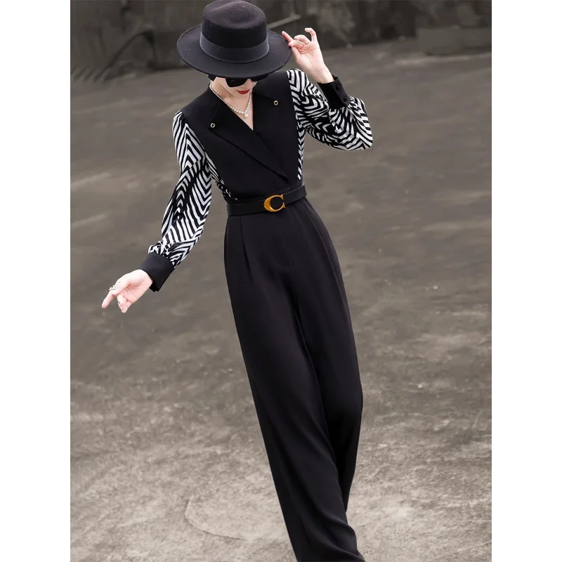 

2025 Spring and Autumn Women's New Temperament Commuting High-end Wide-leg High-waist Slim Black Jumpsuit