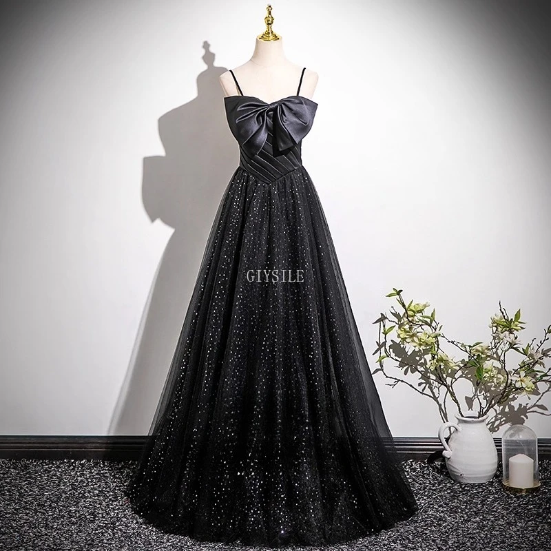 

Black Spaghetti Straps Bow Prom Dresses Women Tulle A-Line Party Evening Dress Customized Simple Photos Shoot Wedding Dresses