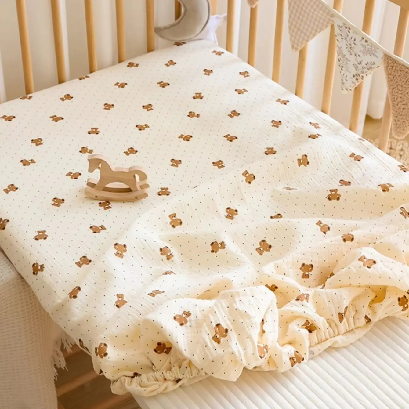 Baby Crib Fitted Sheet, Soft Crinkled Gauze Breathable Crib Mattress Cover, Stretch Deep Pocket for Standard Crib  Crib Mattress