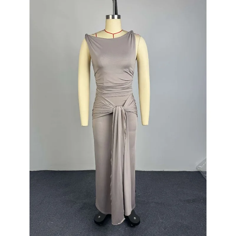 Bodycon Long Maxi Dress Women Fall 2026 One Shoulder Skew Neck High Split Pleated Hem Evening Sexy Club Vestido Party Dresses