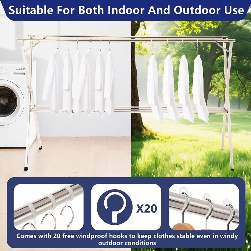 Heavy-Duty Foldable Clothes Drying Rack, 95-Inch Stainless Steel Laundry Rack for Indoor and Outdoor Use, Adjustable Design