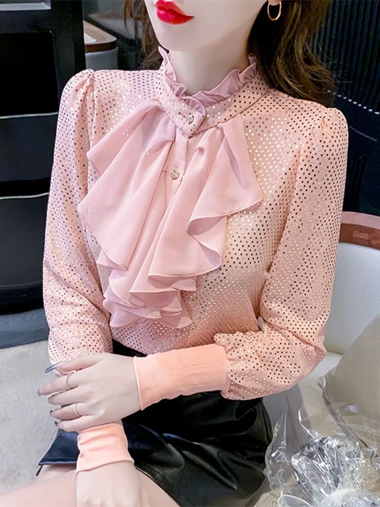 Chiffon Shirt Frauen koreanische Mode süße Frühling Herbst glänzende Pailletten Langarm Lotus Bluse lässig schicke Dame Blusas Frauen