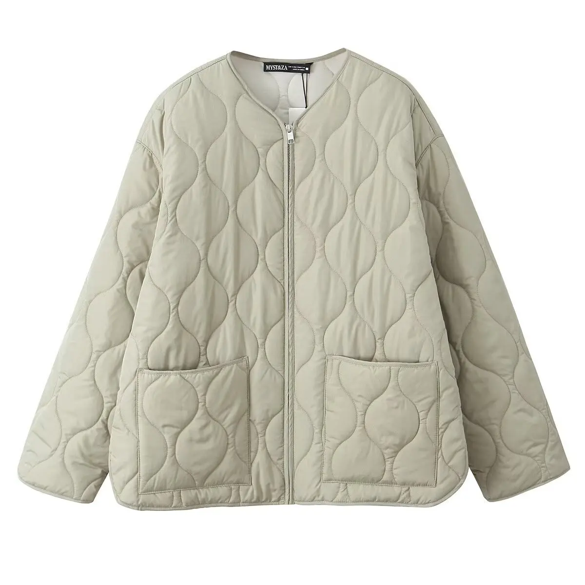 Autumn/Winter New Product Fashion Casual Women's Round Neck Curled Edge Long Sleeve Zipper Cotton Jacket Coat