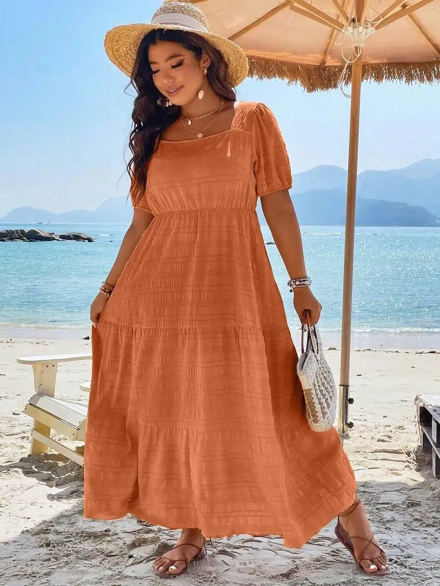 

Square Neck Puff Sleeve Tiered Hem Boho Maxi Dress For Women Summer Beach
