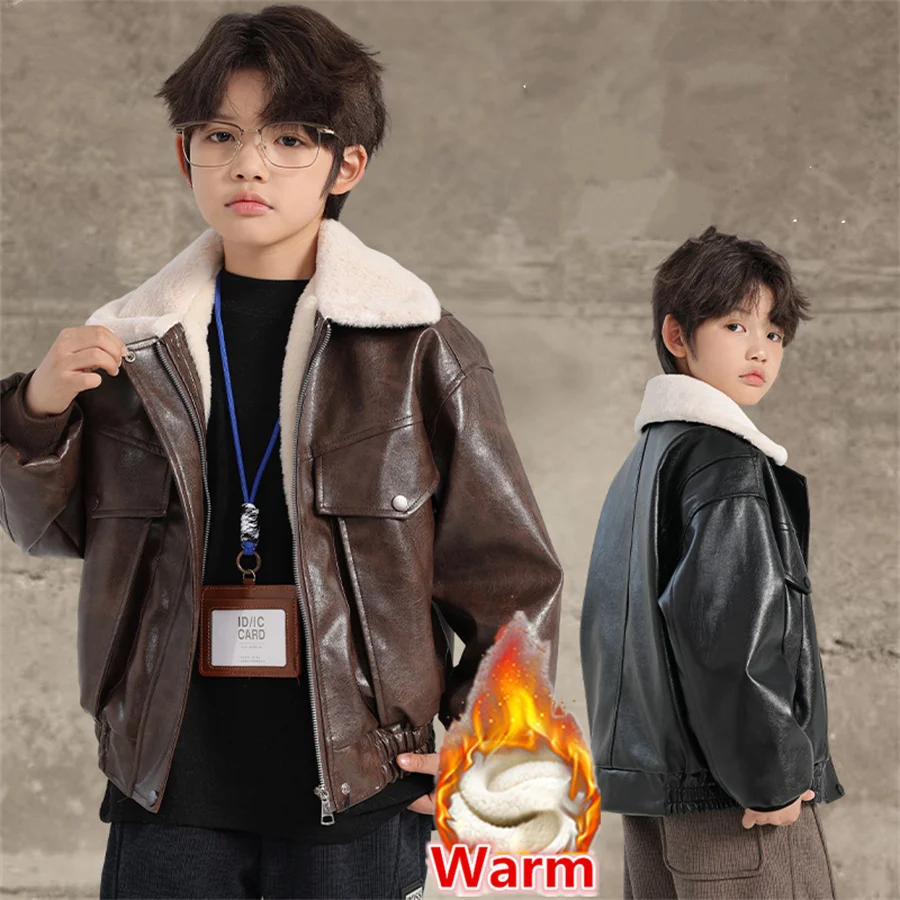 

Children Fleece Lined Leather Winter Jacket for Boys Warm Outfit Thick Clothes Kids Teenager Stylish Eco-Leather Coat Age 3-14 Y