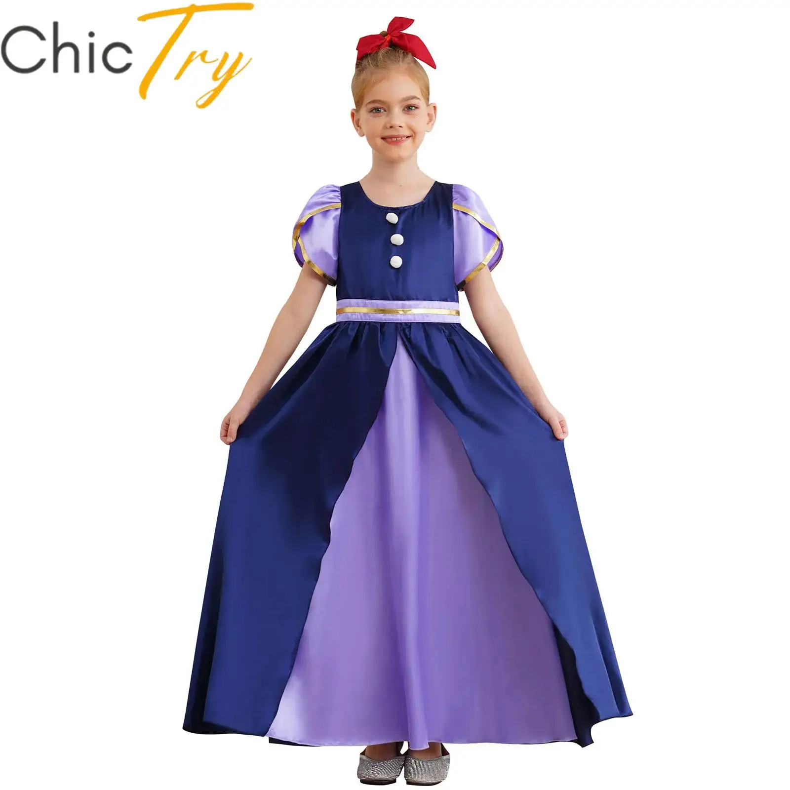 

Kid Girls Vintage‌ Halloween Costume Puff Sleeve Color Block Patchwork Maxi Dress Regency Victorian Cosplay Dress Tea Party Gown