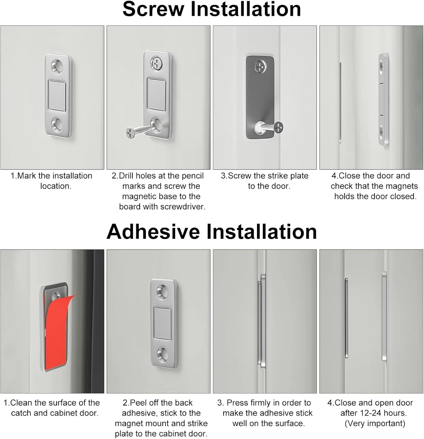 Cabinet magnets are used for closing，and small stainless steel cabinet locks are used for indoor light and medium-sized cabinets