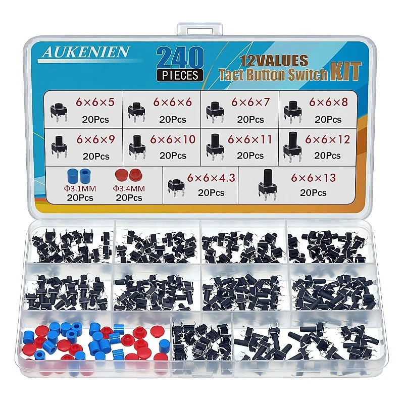 AUKENIEN 12Values 240PCS Micro Button Assortment Kit Tactile Push Switch 6mm x 6mm 4-Pin Tactile Push Switch Button