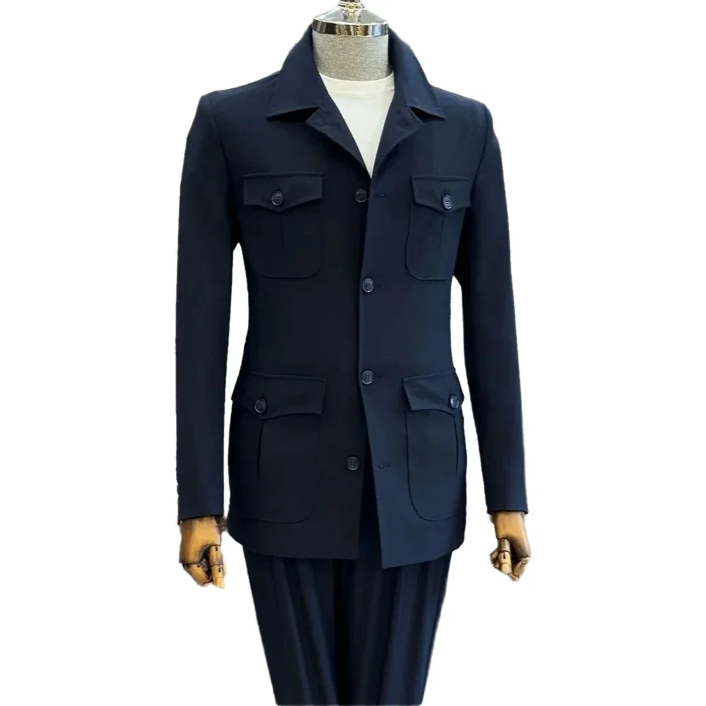 Classic Black Notch Lapel Suit Two Piece For Men Solid Color Single Breasted Outfit Multi Pockets Formal Party Business Suit