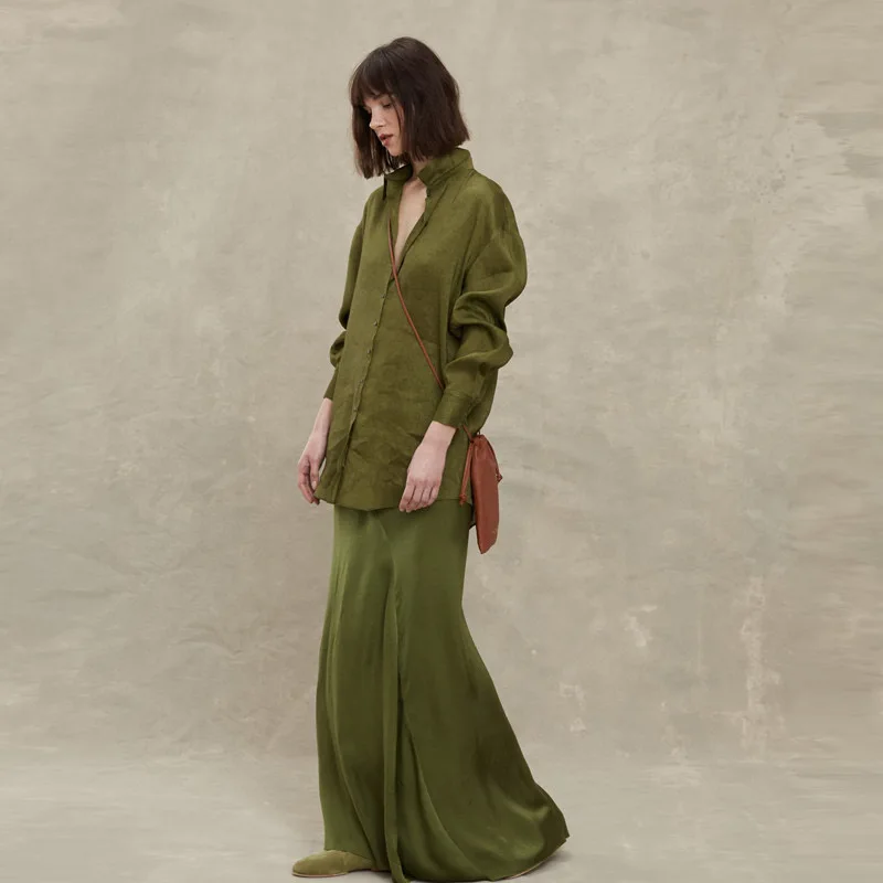 Cor* Spring/Summer Women Shirt Blouse Silk Line Full Sleeve Turndown Collar Long Length Casual Green Color Vintage Oversize