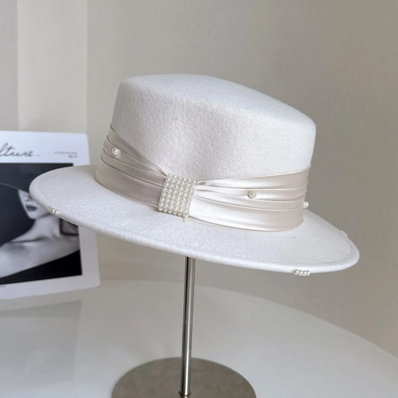 French Ladies White Bownot Satin Felted Fedoras Hat Women Banquet Elegant Formal Party Dress Cap Wide Brim Church Hat