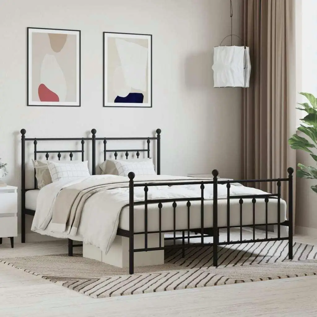 Black Metal Bed Frame with Footboard - 140x190cm - Stylish and Sturdy Design (No Mattress Included)