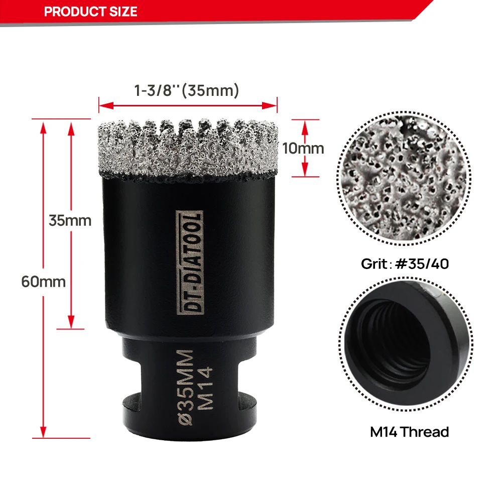 DT-DIATOOL 1pc 35mm Diamond Drill Bit for  Ceramic Tile Marble Granite Hole Saw Drill M14 Thread Diamond Drilling