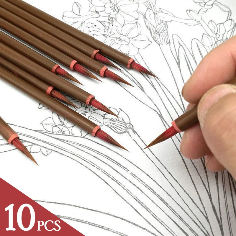 10 pçs caneta de marcação de linha chinesa doninha vermelha escova de pintura de tinta de cabelo cabo de bambu escova de linha fina aquarela óleo acrílico suprimentos