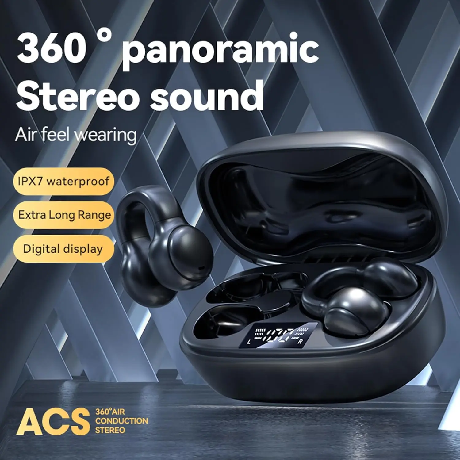 

Clip-on bone conduction BT5.3 headphones, Hi-Res audio, smart display, clear dual-ear calls, IPX7, long battery life, sports