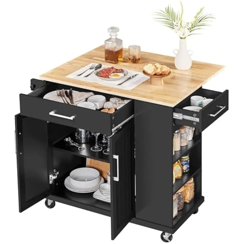 Mobile Kitchen Cart with Foldable Countertop Adjustable Shelf Three Open Shelves Two-Tier Cabinet Towel Bar and Locking Casters