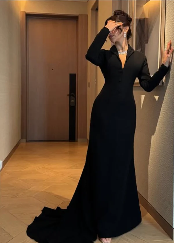 Alta qualidade personalizado até o chão com decote em v preto mangas completas tribunal trem vestidos de convidados do casamento luxo 2025 vestidos de noite robe