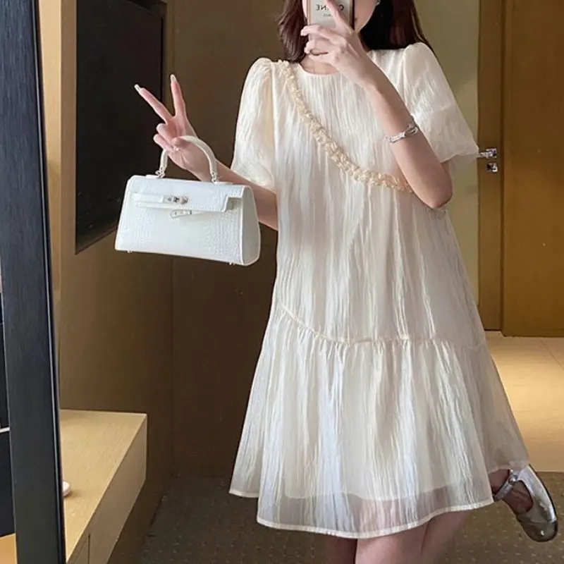 Korean Short Sleeve Midi Dress Women\'s Clothing Casual Round Neck Summer Thin Fashion Folds Spliced Commute Solid Color Dresses