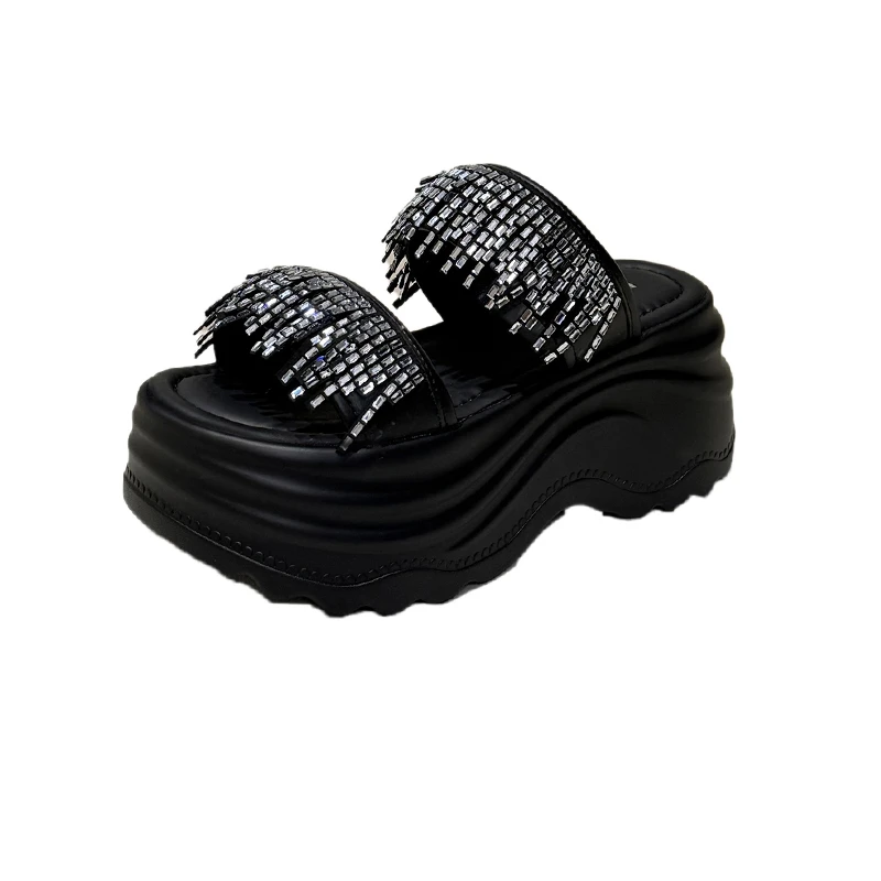 

8CM Roman Bling Slippers Women Summer New Fashion Wedges Sequins High Platform Open Toe Beach Slippers Leather Sandals Slide