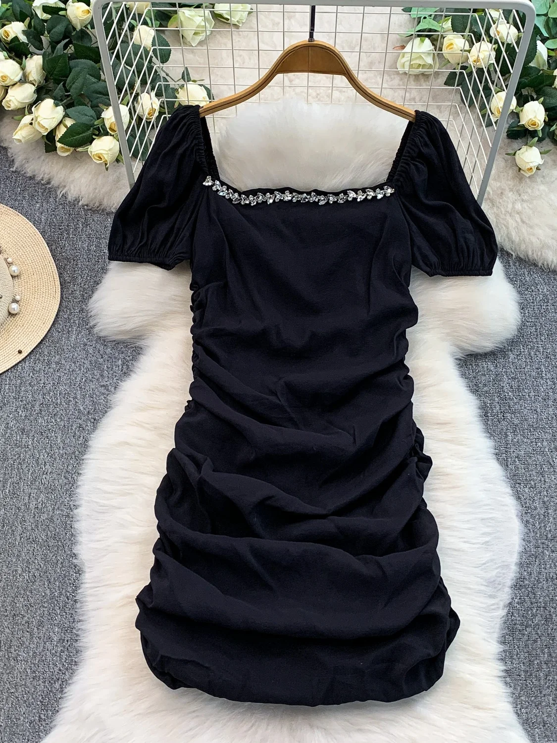   Diamant intégré col carré Dr femmes automne hiver conception taille cintrée minceur jupe moulante ort Sve