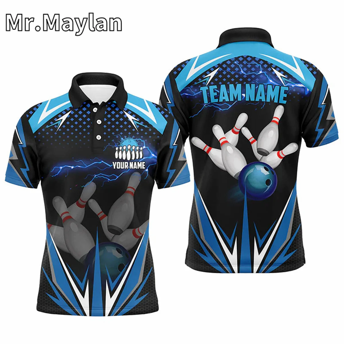 3D Black Men Bowling Polo Shirt Custom Blue Lightning Mens Bowlers Jerseys Bowling Outfits Gift for Bowling Lovers Unisex Tops