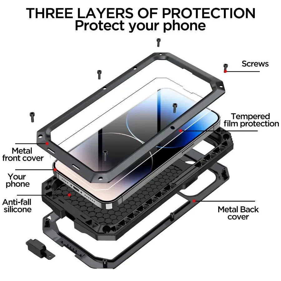 For iPhone 15 14 13 12 11 Pro XS Max XR 8 7 Plus 360 Full Body Protection Aluminum Metal Case Heavy Armor Cover Screen Protector