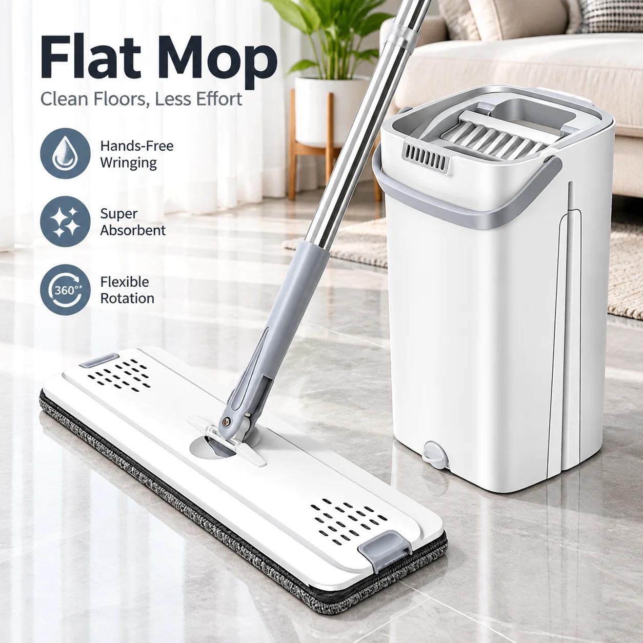 Flat Mop and Bucket Set Hands Free Wringing Self Cleaning Floor Mop with 360 Rotating Head for Home Kitchen Hardwood Floor