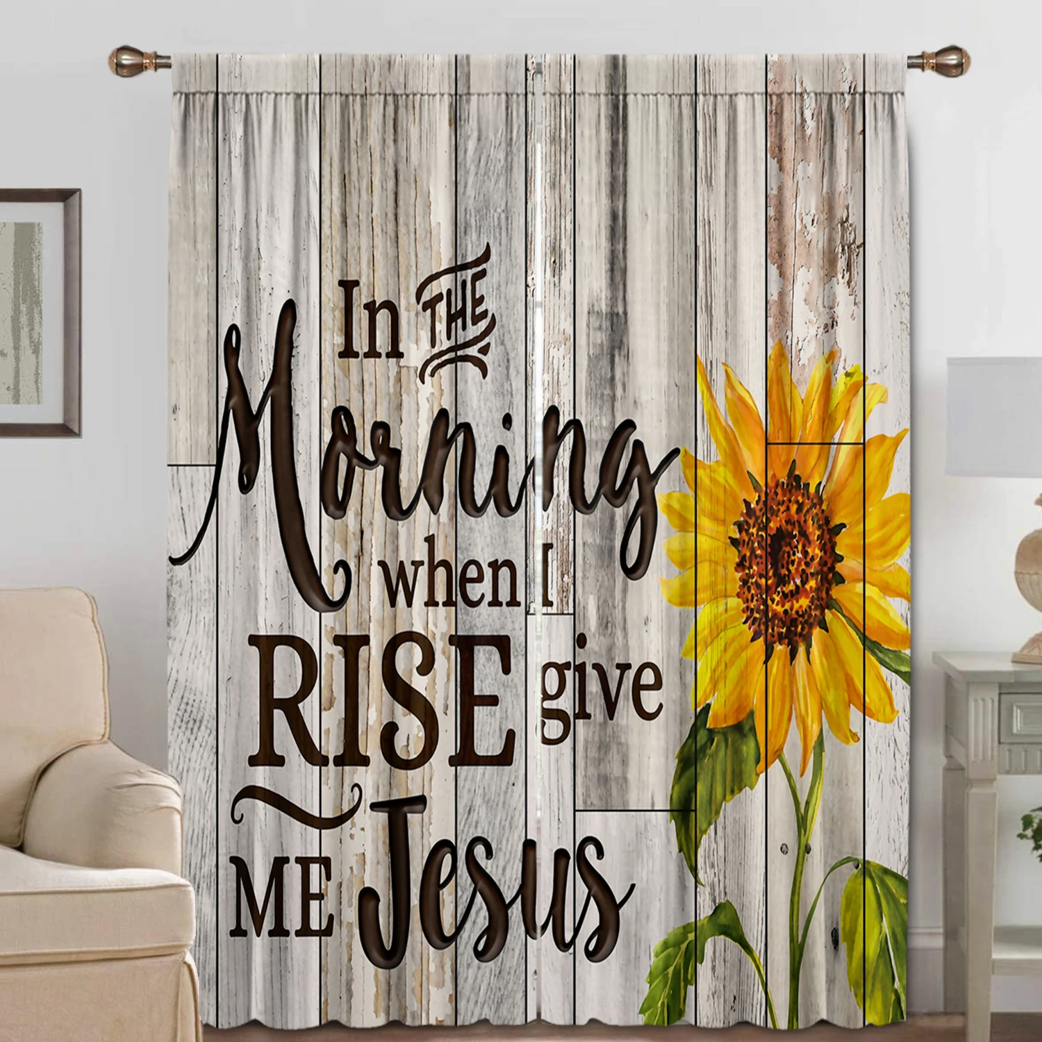 2PC Decorative Curtains - Sunflowers On Rural Wooden Walls - English Sunflowers With Rod Bag Curtains, Suitable For Bedroom,Gard