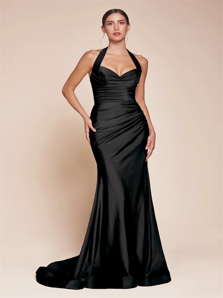 

New Arrival Sweetheart Neckline Halter Straps Sheath Evening Dress Back Zipper Floor Length High Slit Sweep Train Gown For Women