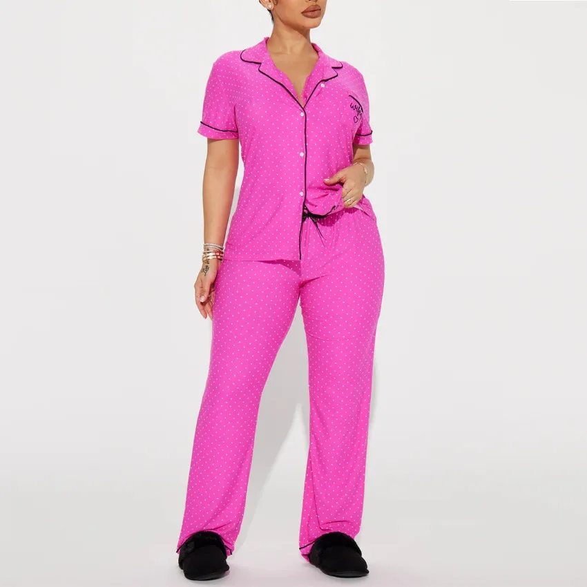 

2025 Summer New Pink Color Pajamas for Women's Letter Embroidery Short-sleeved Trousers 2PCS Sets Loungewear Can Be Worn Outside