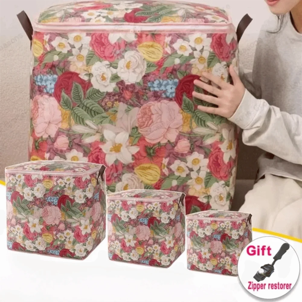 

Large Capacity Flower Quilt Storage Bag Waterproof Thickened Moving Packing Bag Foldable Double Zipper Clothes Storage Organizer