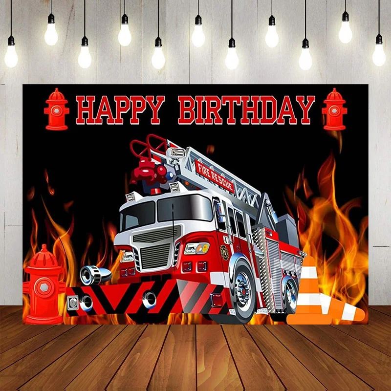 Firetruck Birthday Photography Backdrop Happy Birthday Party Decoration Photo Fireman Fire Truck Firefighter Background Banne