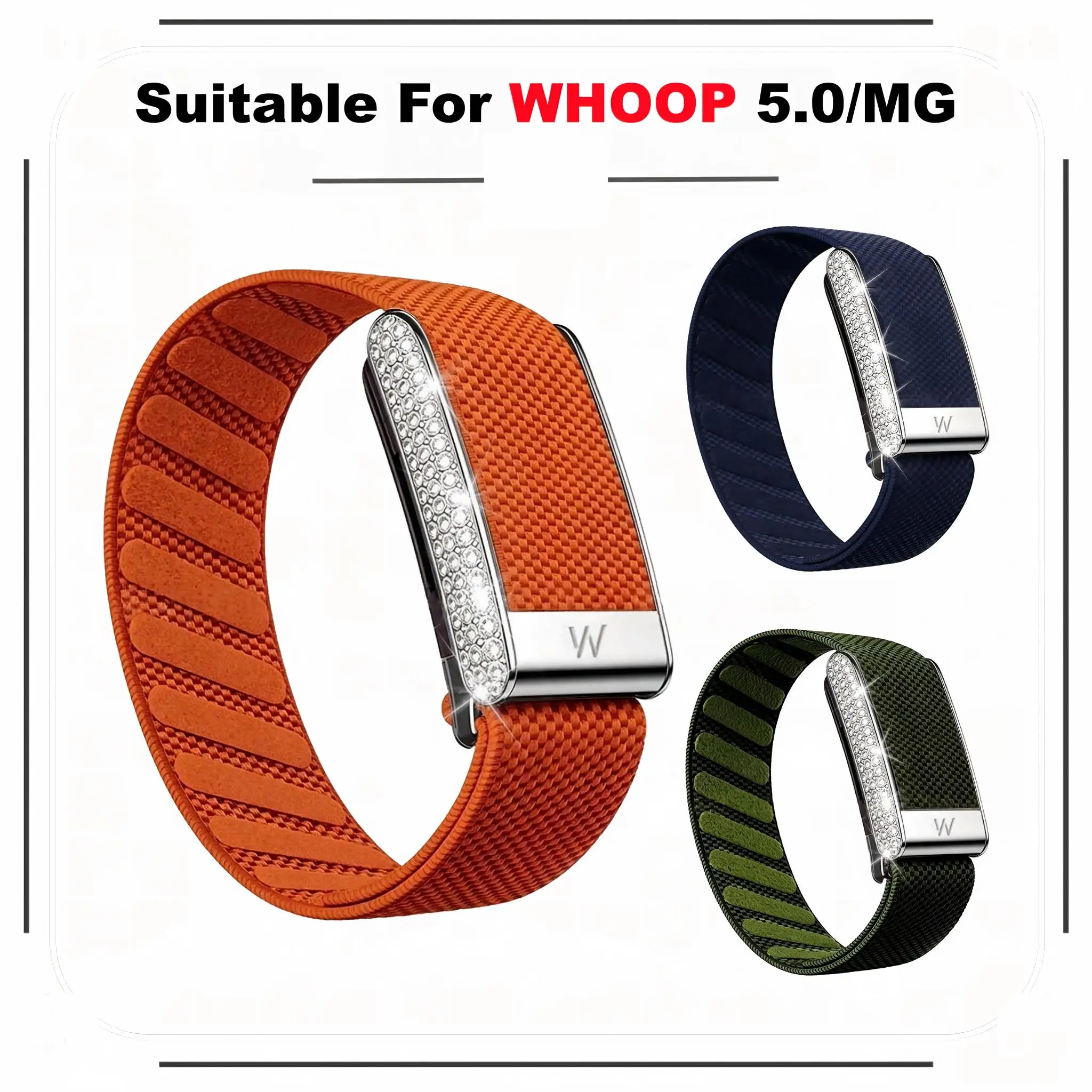 Silver Rhinestone Metal Buckle Woven Nylon Replacement Wristband Multicolor Elastic Anti Slip Sports Strap For Whoop 5.0/MG