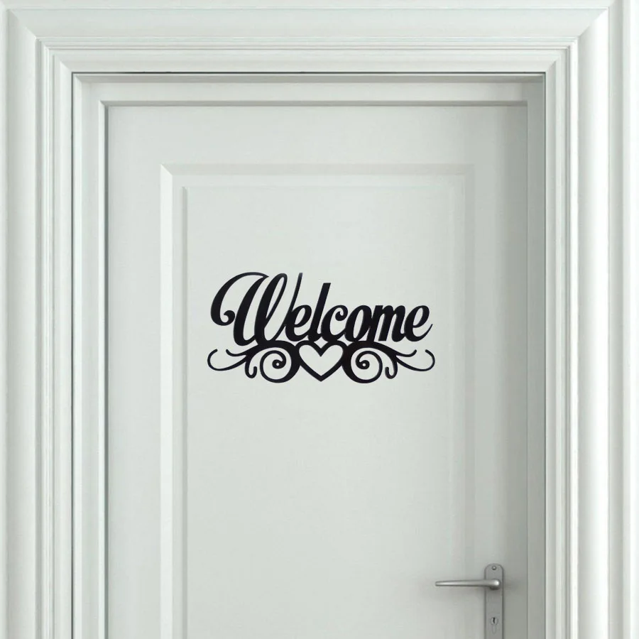 Welcome Door Sign Acrylic Mirror Wall Sticker Self Adhesive Home Decor Heart Script Design 20cm 30cm Width