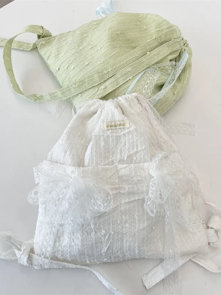 1 lace flower beaded backpack, schoolbag drawstring crossbody bag, large capacity lightweight bag