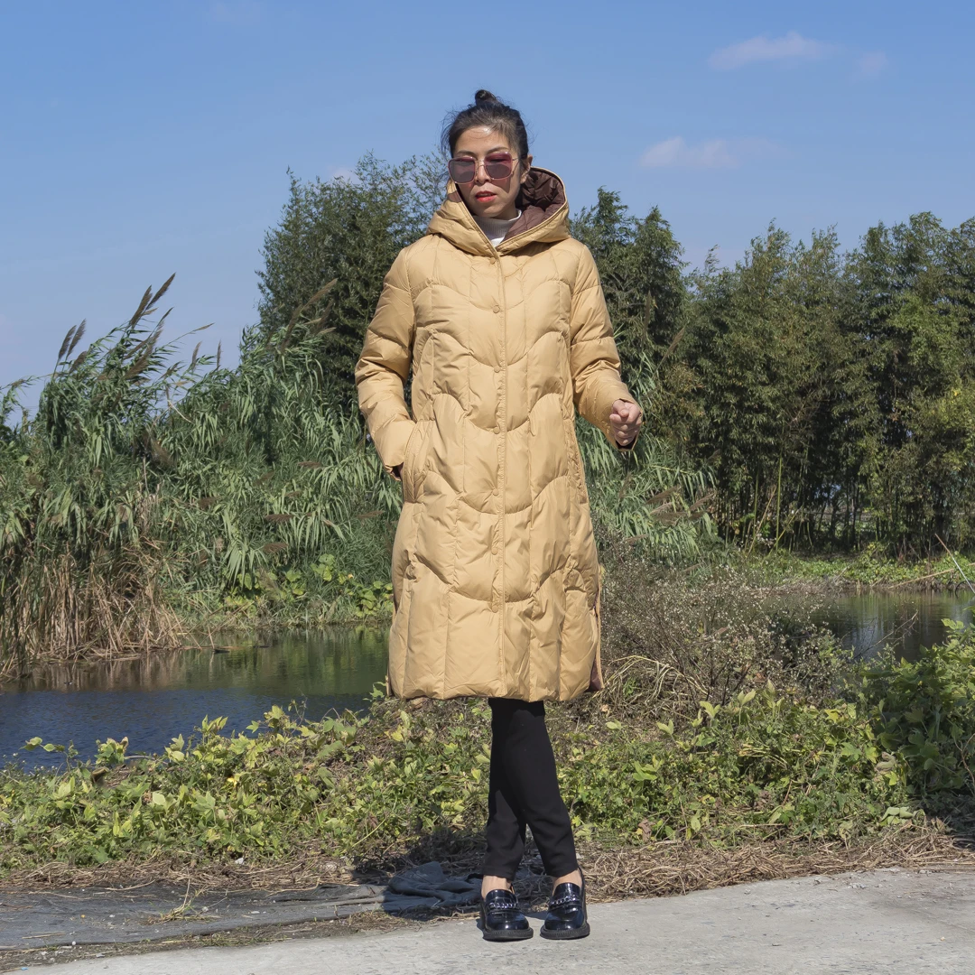 

Winter Thiened Women's down Jaet Knee-Length Hooded 90% White Du down Mid-Length Pure Color Warm Outerwear Coat