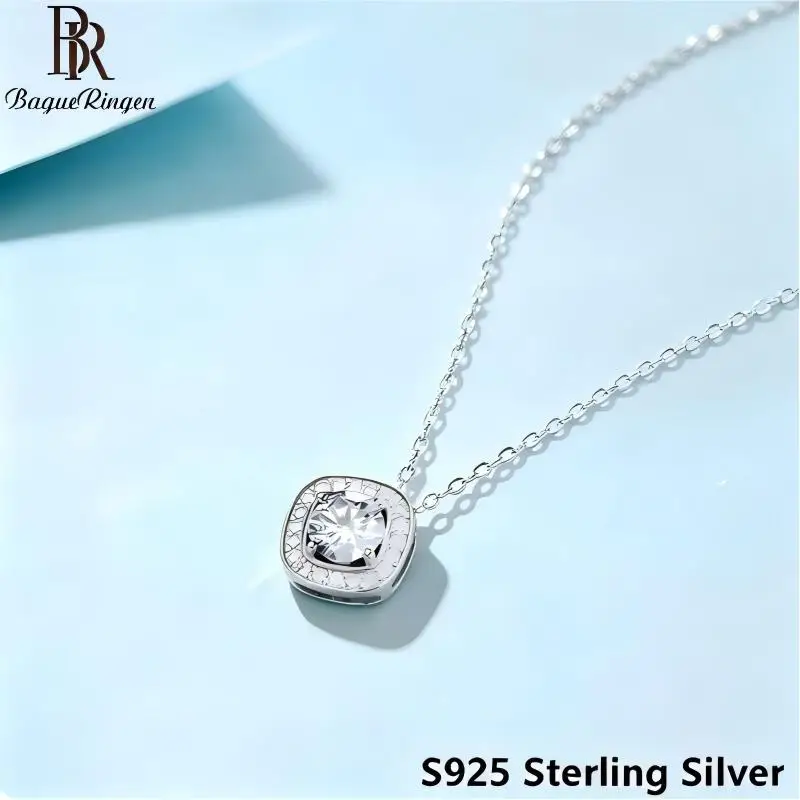 BR S925 Sterling Silver Pendant, 1 Carat Morganite Necklace, Women's T-Shape Diamond-Like Pendant Necklace