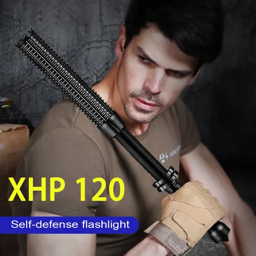 Antorcha de defensa telescópica, linterna LED XHP120 de alta potencia, linterna táctica impermeable, bastón recargable 18650