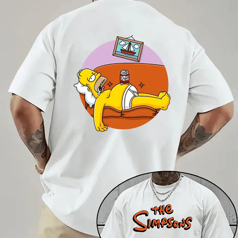 Camiseta informal de manga corta de los Simpsons para hombre, camiseta de manga corta con cuello redondo y estampado de Homer acostado bebiendo cerveza Duff, de verano
