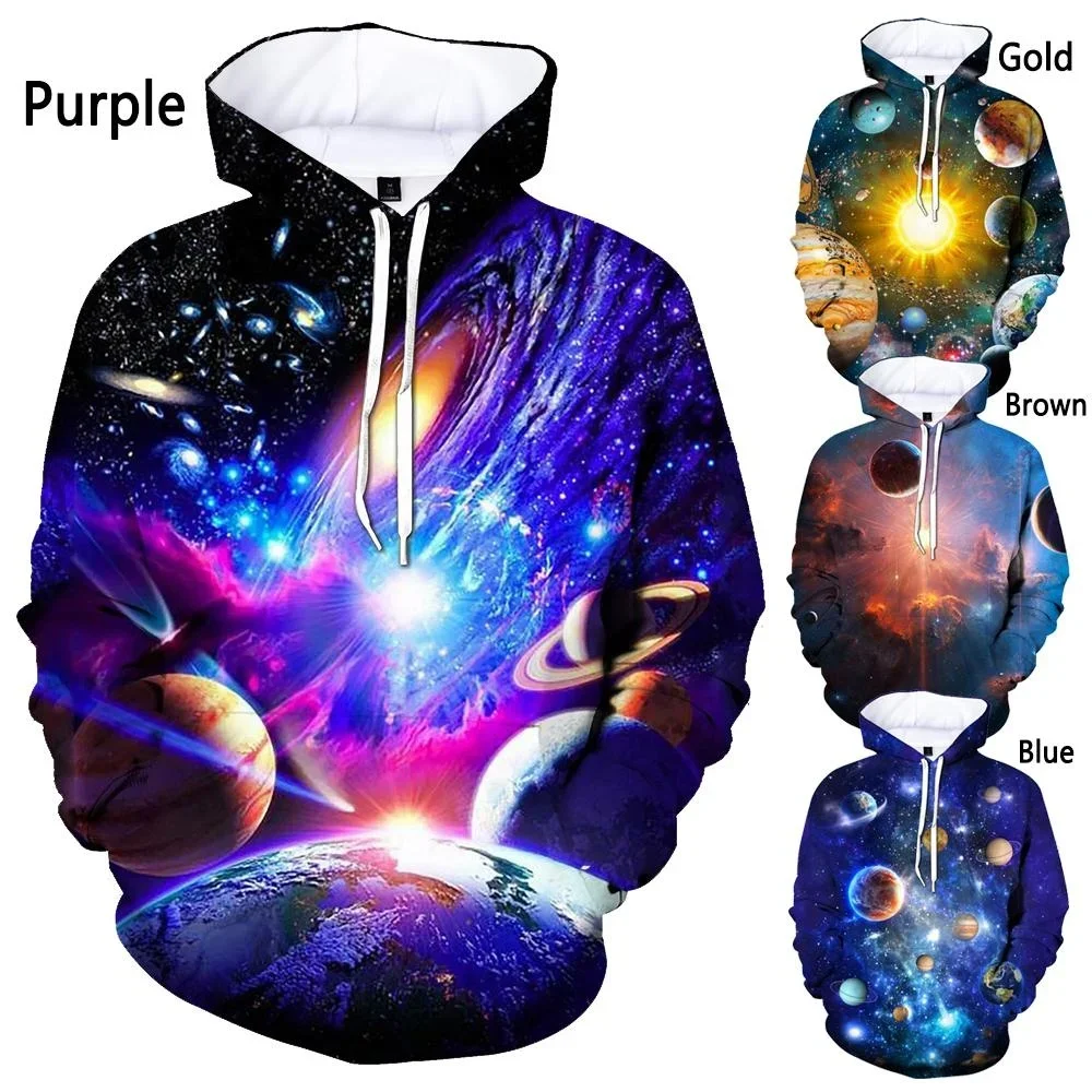 Men's and Women's Autumn Winter Long Sleeve New Fashion Galaxy 3D Printed Hoodie Cosmic Galaxy Movement Pullover Top