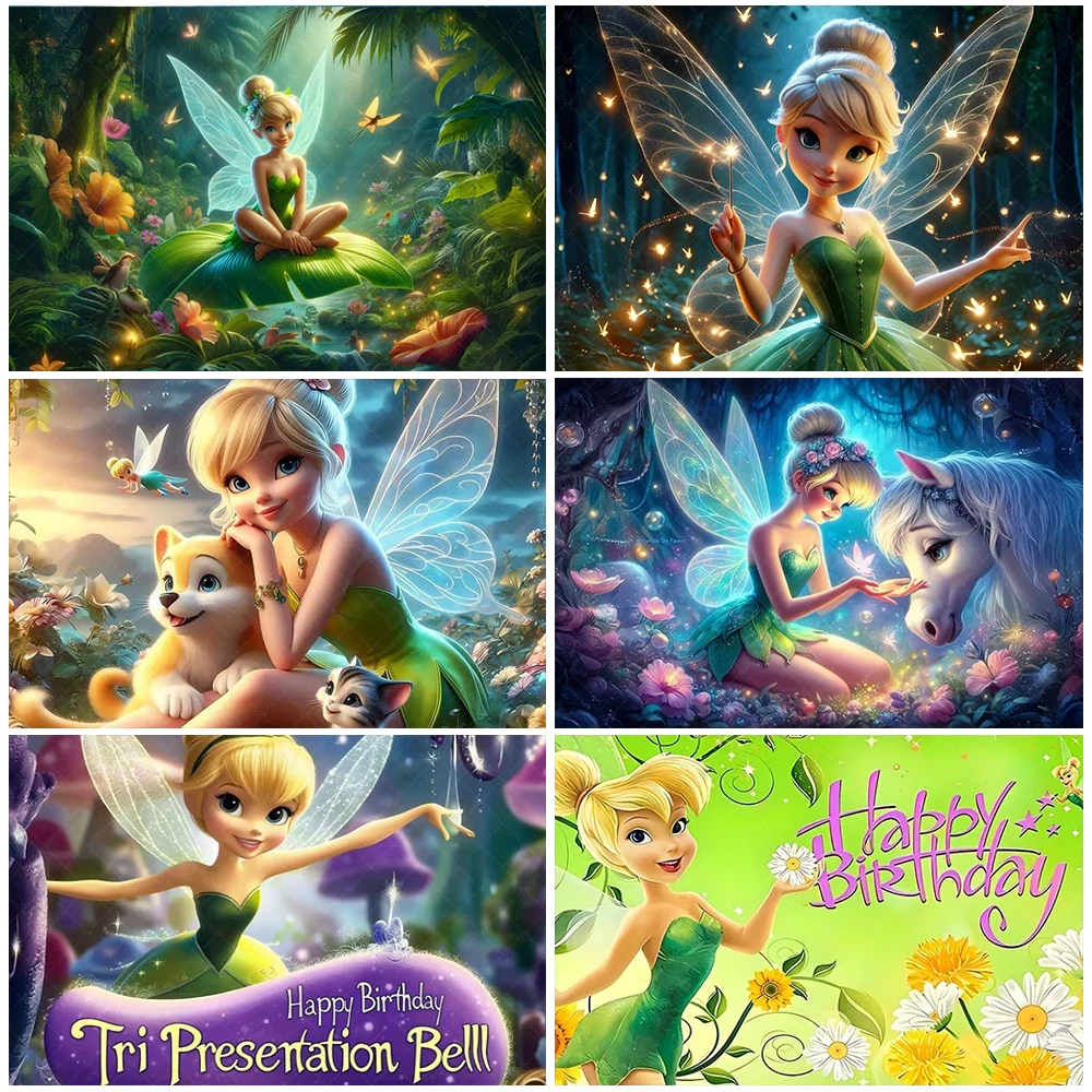 

Disney Cartoon Tinker Bell Backdrop Girl Birthday Party Decorations Elf Fairy Photography Background Baby Shower Supplies Banner