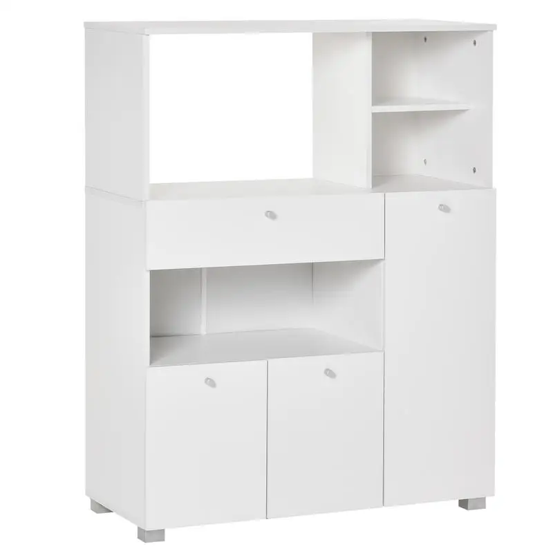 Buffet de cuisine avec 2 placards, 4 niches et tiroir coulissant, meuble de rangement multifonctionnel pour micro-ondes. 90L x 40L x 120H cm en bois blanc