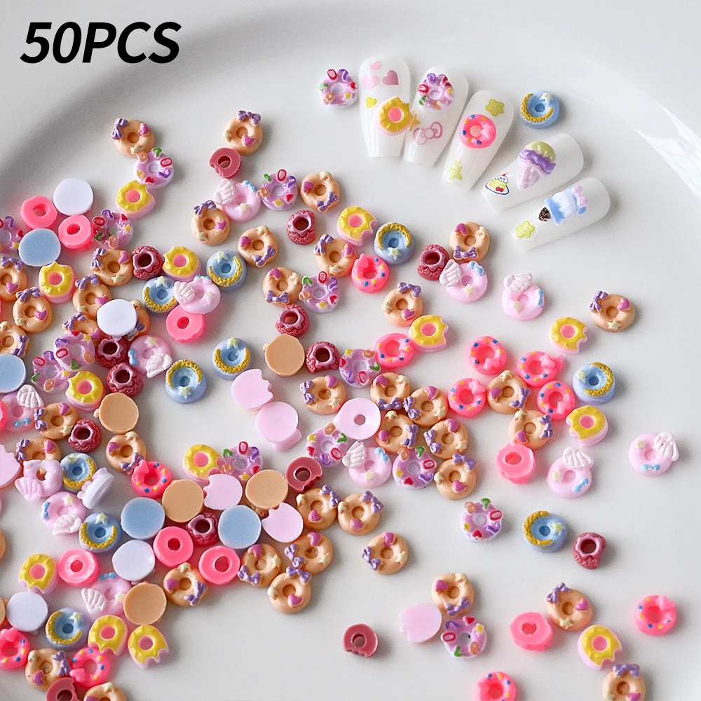 50 pçs 3d misturado dos desenhos animados donut encantos da arte do prego bonito resina donut/sobremesa/aboração unhas decorações diy artesanato manicure acessório
