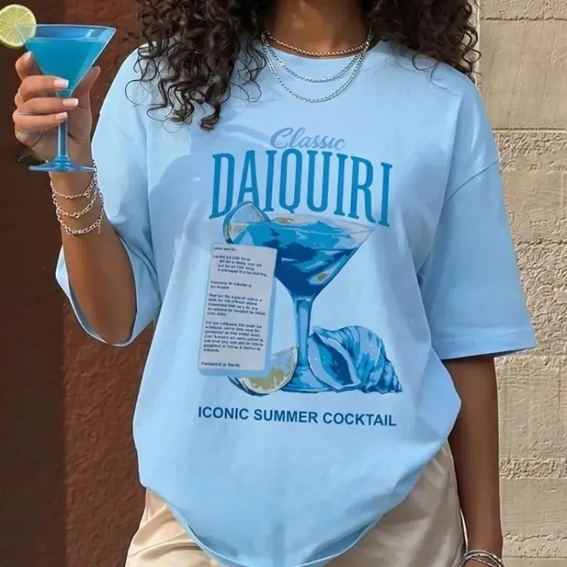High Quality Classic Daiquiri Cocktail Graphic Soft Cotton T Shirt Women Retro Summer Beach Loose Short Sleeve Casual Tee Sweet