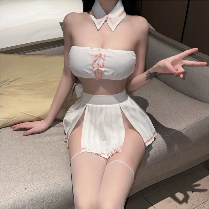 Erotic lingerie Bra cut out butterfly knot dew back slit pleated skirt uniform set temptation sexy costume woman Women pajama