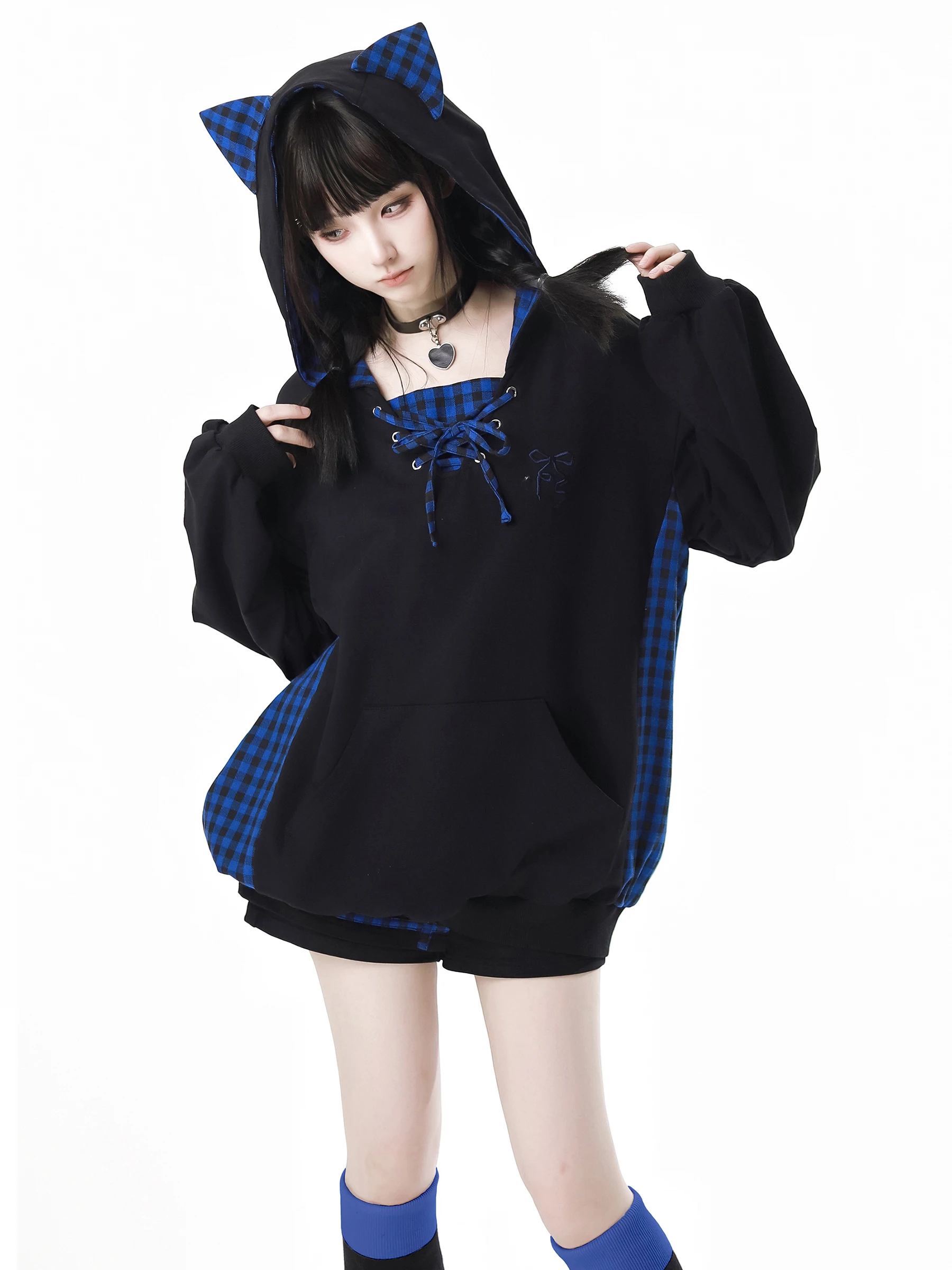 New Autumn Blue Grid Splicing Cat Ear Strap Hoodie Set Sweet Cool Girl Women\'s Sweatshirt Short Top and Skirt Shorts Outfits