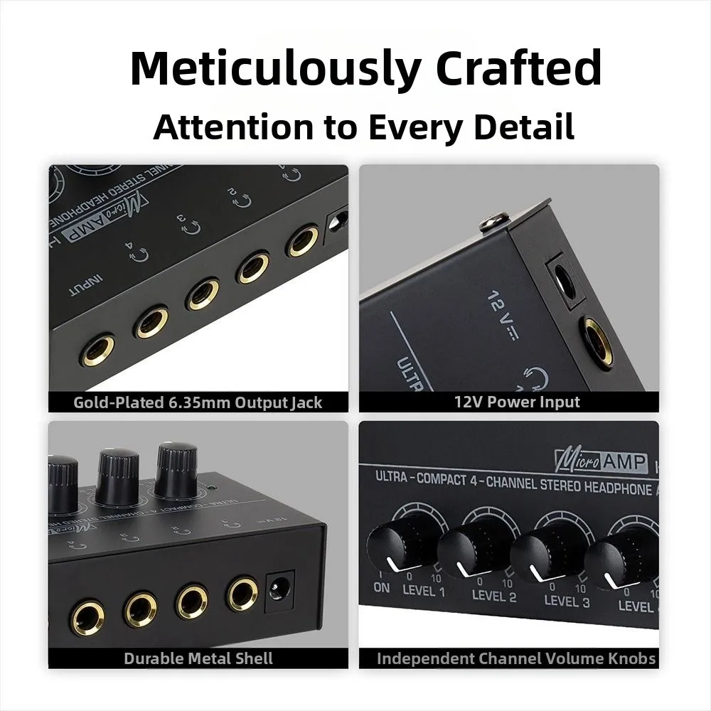 

4 Channels Stereo Headphone Amplifier EU US Plug Adapter Ultra-Compact With Power Adapter Headphone Distributor Black Mini